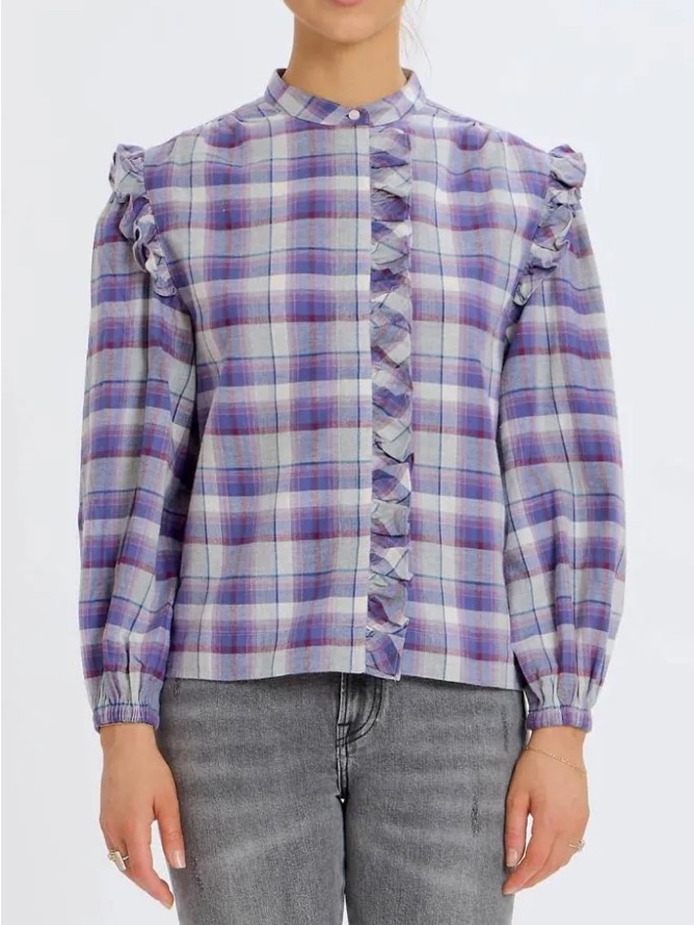 Something Navy Lavender Plaid Ruffle-Trim Button Down Blouse